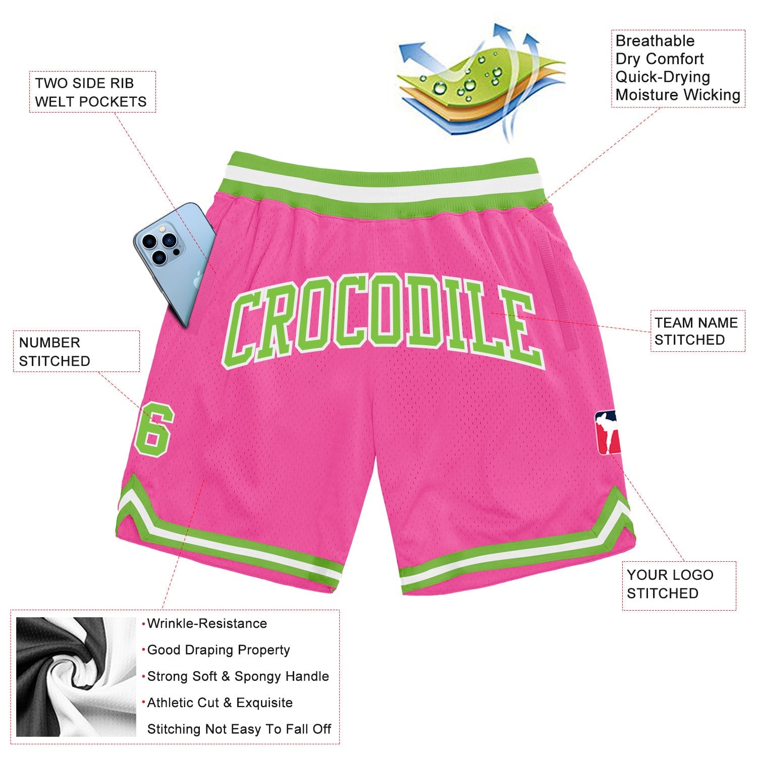 Custom Pink Neon Green-White Authentic Throwback Basketball Shorts view 2