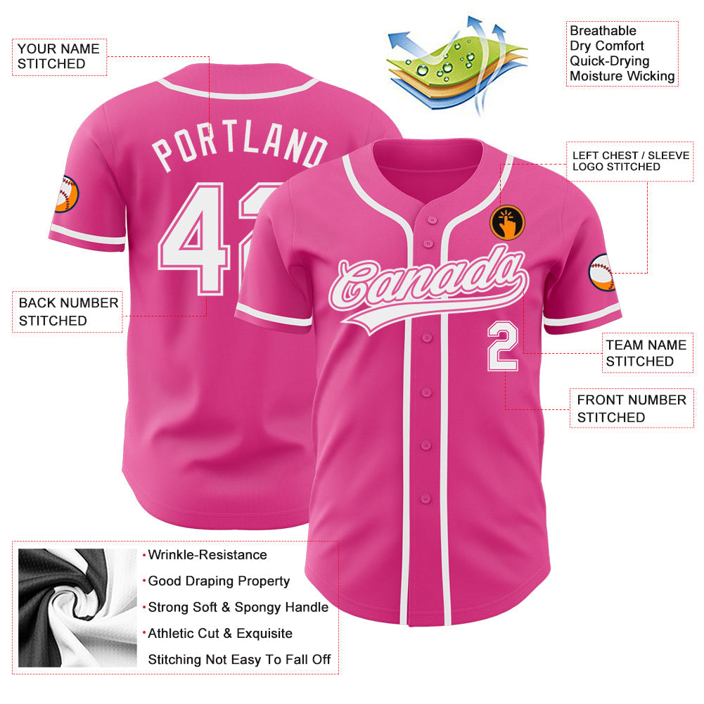 Custom Pink White Authentic Baseball Jersey view 3
