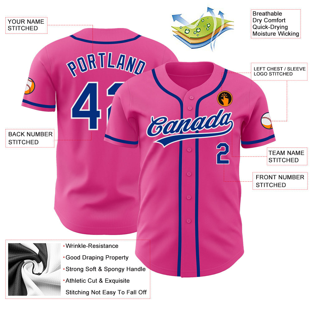 Custom Pink Royal-White Authentic Baseball Jersey view 3