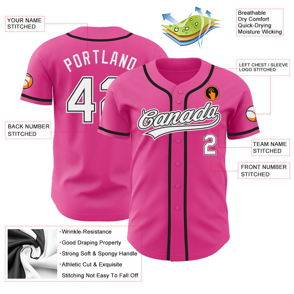 Custom Pink White-Black Authentic Baseball Jersey view 3
