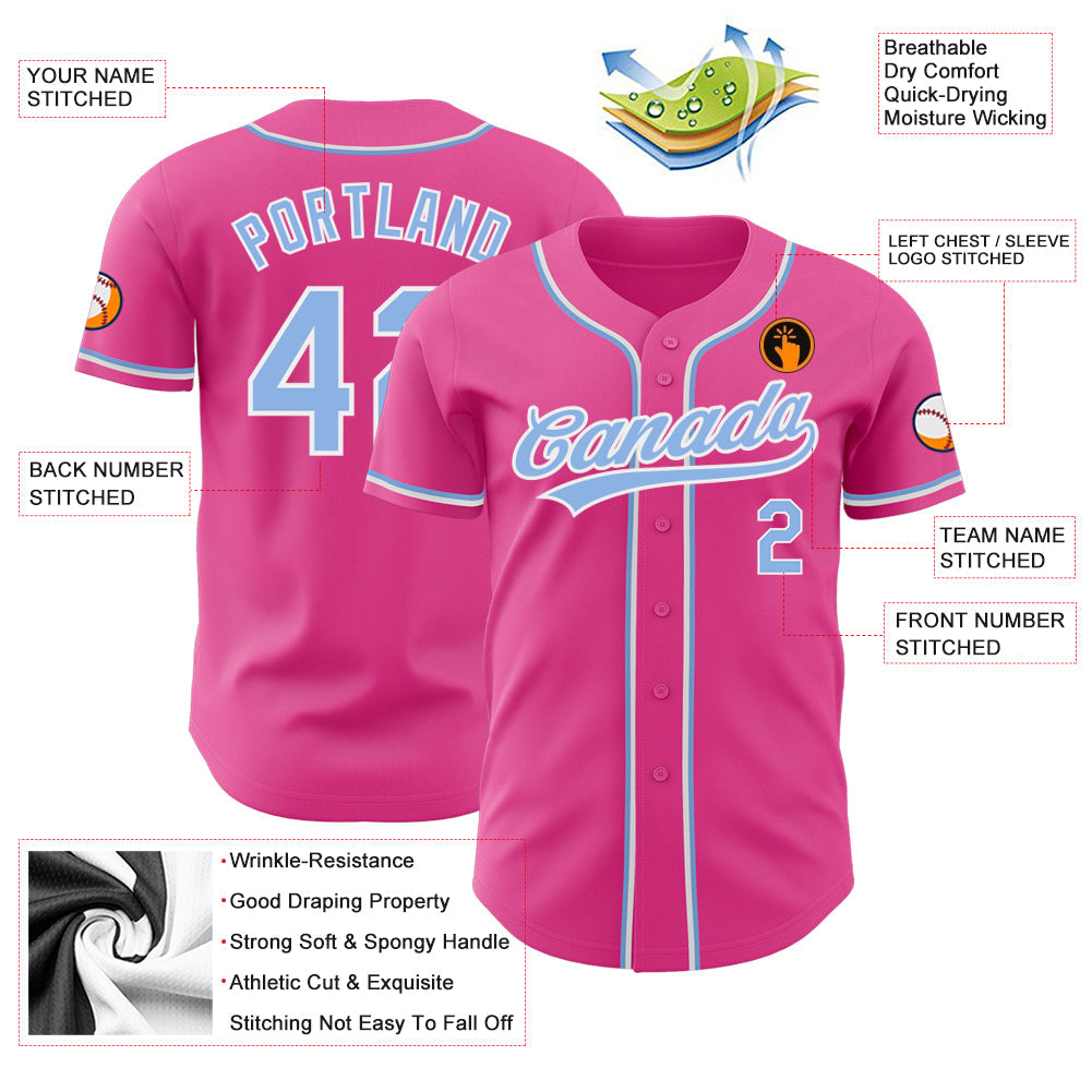 Custom Pink Light Blue-White Authentic Baseball Jersey view 3