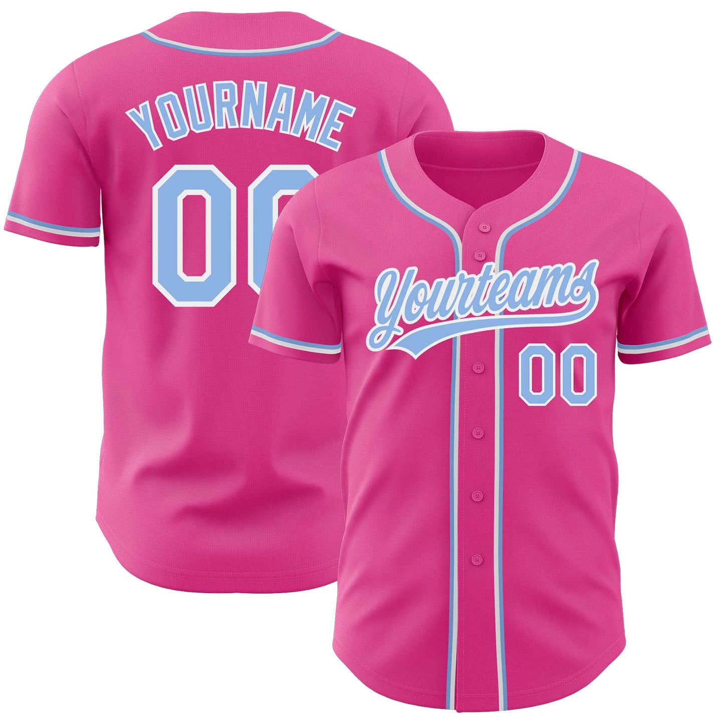Custom Pink Light Blue-White Authentic Baseball Jersey - Main View