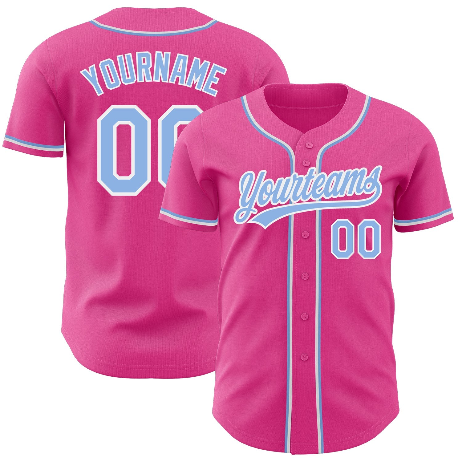 Custom Pink Light Blue-White Authentic Baseball Jersey - Main View