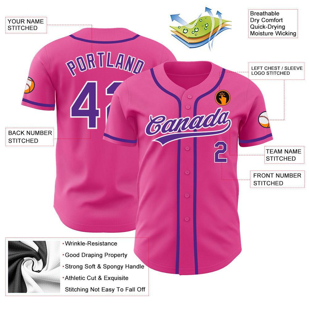 Custom Pink Purple-White Authentic Baseball Jersey view 3