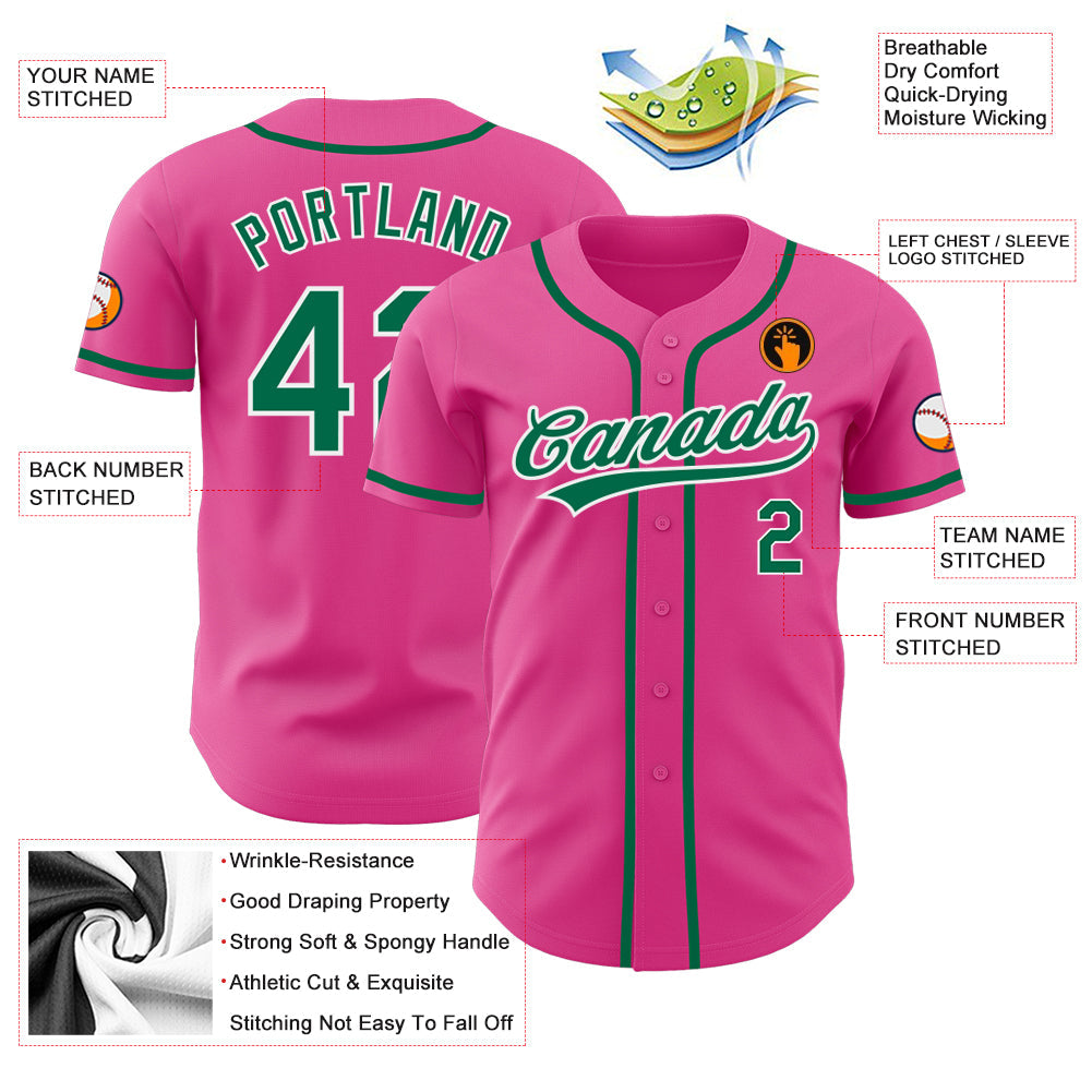 Custom Pink Kelly Green-White Authentic Baseball Jersey view 3