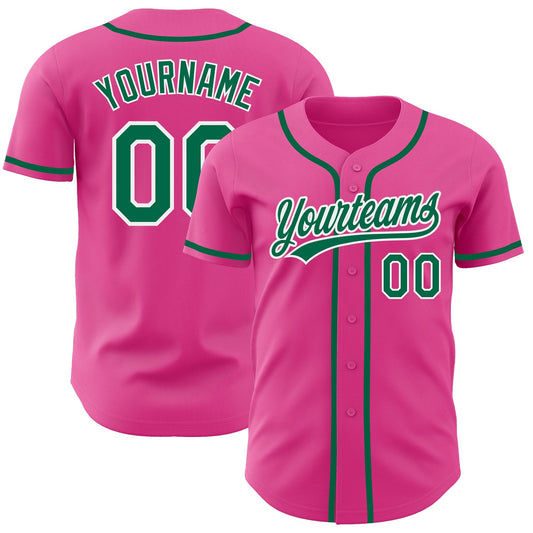 Custom Pink Kelly Green-White Authentic Baseball Jersey - Main View