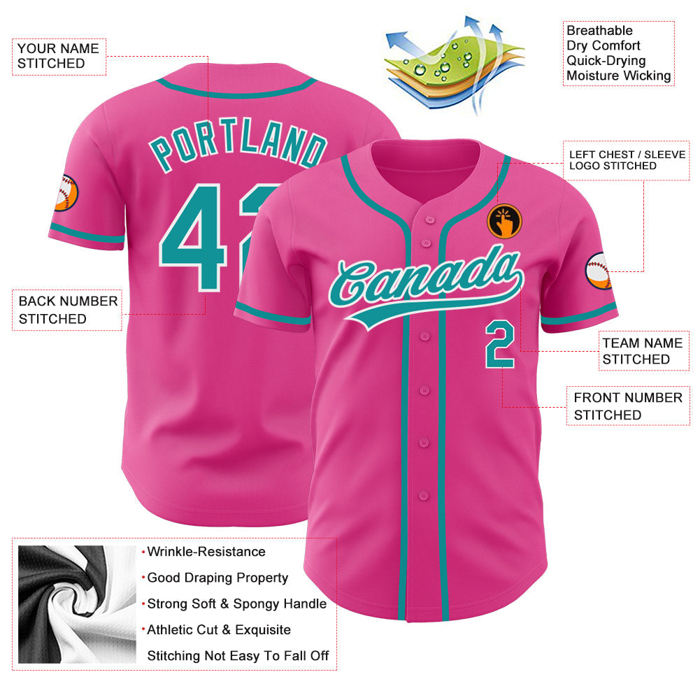 Custom Pink Teal-White Authentic Baseball Jersey view 3