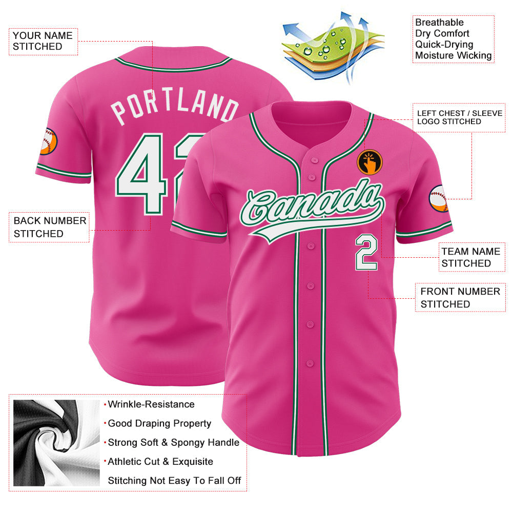 Custom Pink White-Kelly Green Authentic Baseball Jersey view 3