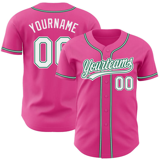 Custom Pink White-Kelly Green Authentic Baseball Jersey - Main View