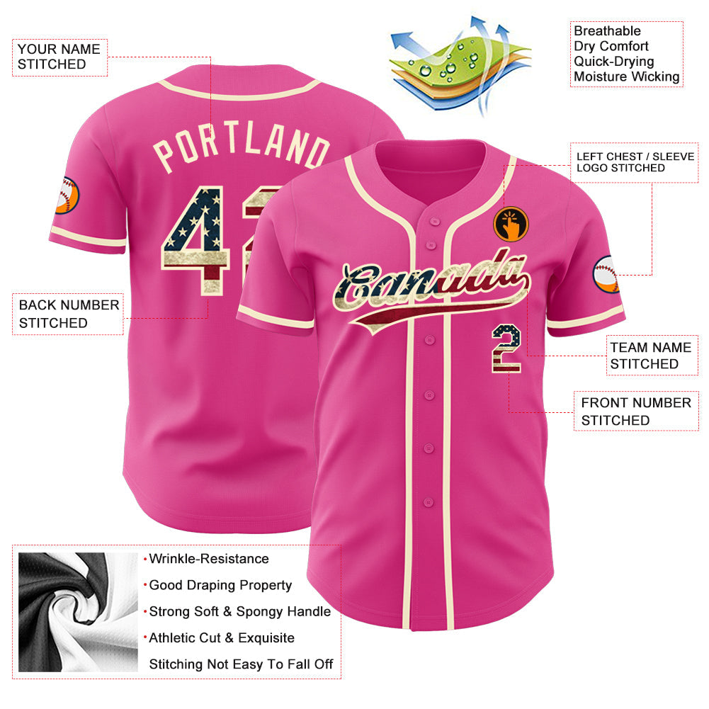 Custom Pink Vintage USA Flag-Cream Authentic Baseball Jersey view 3