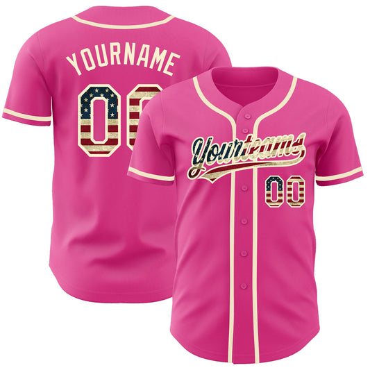 Custom Pink Vintage USA Flag-Cream Authentic Baseball Jersey - Main View