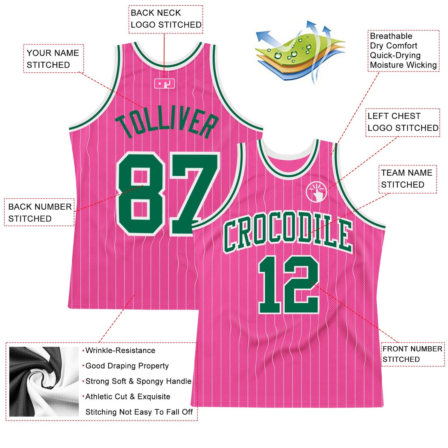 Custom Pink White Pinstripe Kelly Green-White Authentic Basketball Jersey view 2