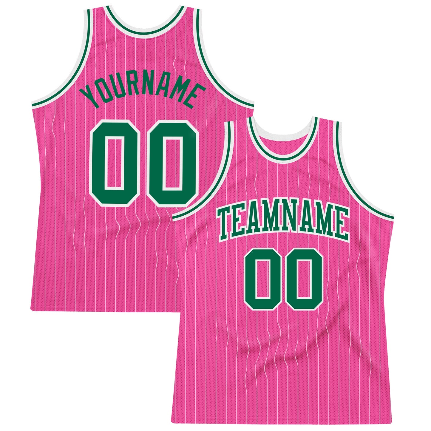 Custom Pink White Pinstripe Kelly Green-White Authentic Basketball Jersey - Main View