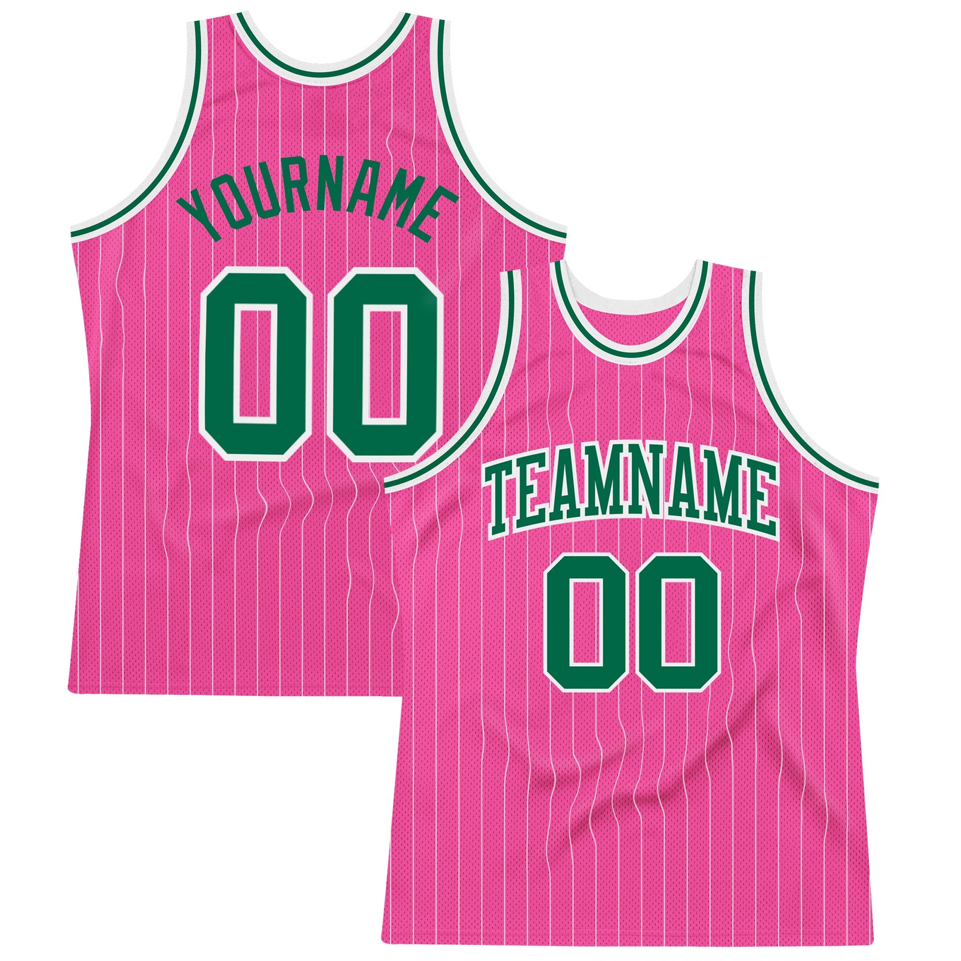 Custom Pink White Pinstripe Kelly Green-White Authentic Basketball Jersey - Main View