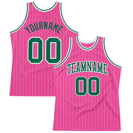 Custom Pink White Pinstripe Kelly Green-White Authentic Basketball Jersey - Main View