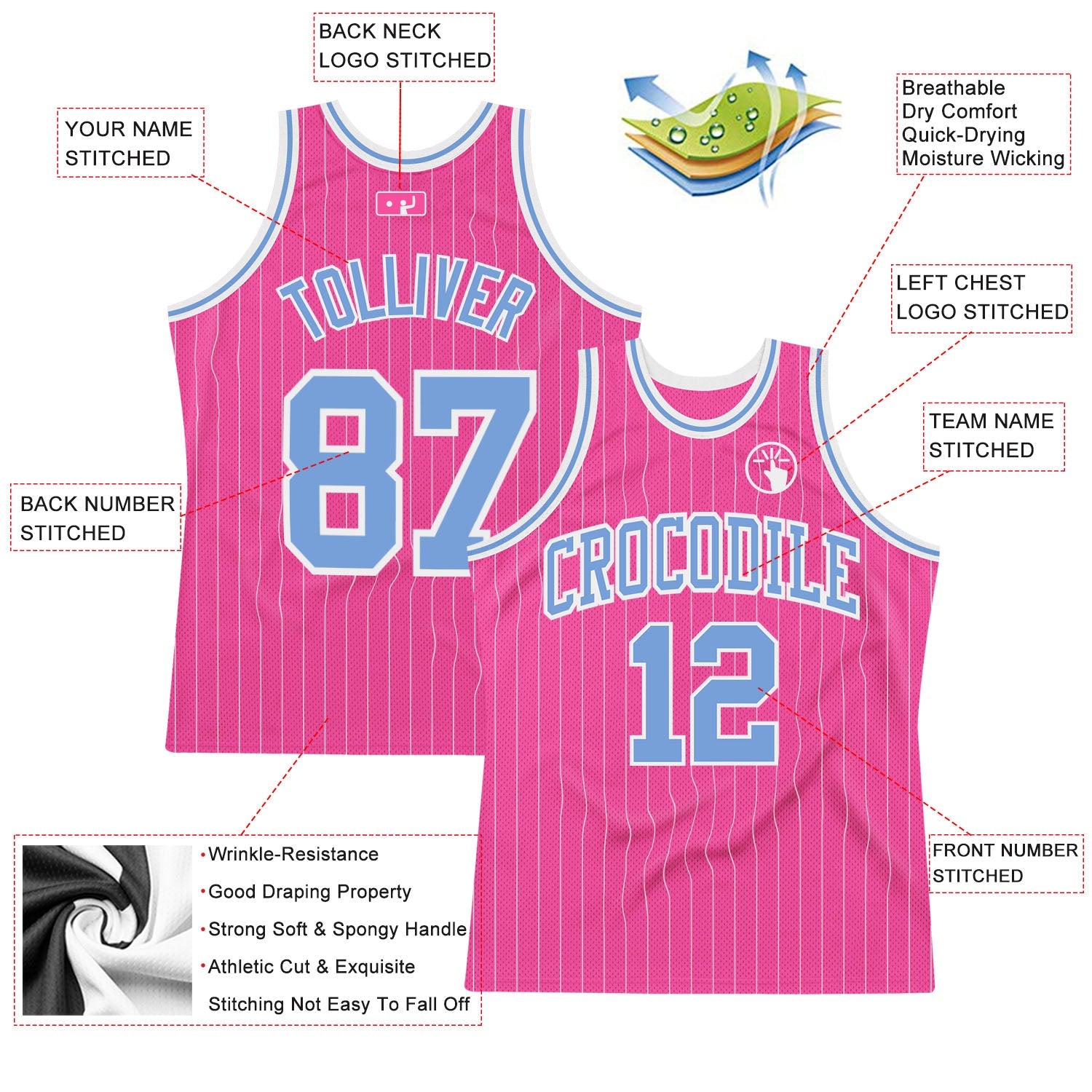 Custom Pink White Pinstripe Light Blue-White Authentic Basketball Jersey view 2