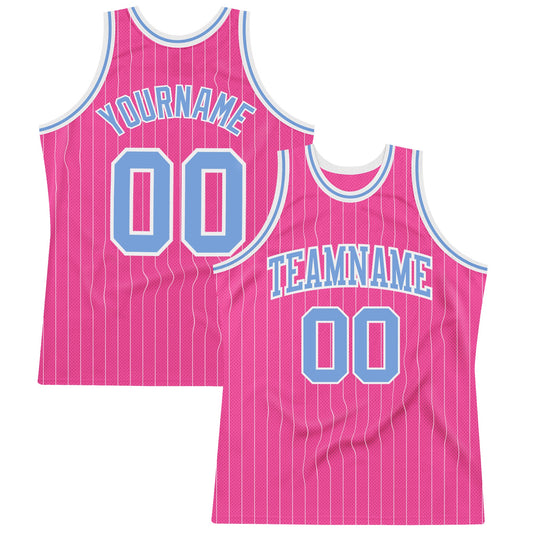Custom Pink White Pinstripe Light Blue-White Authentic Basketball Jersey - Main View