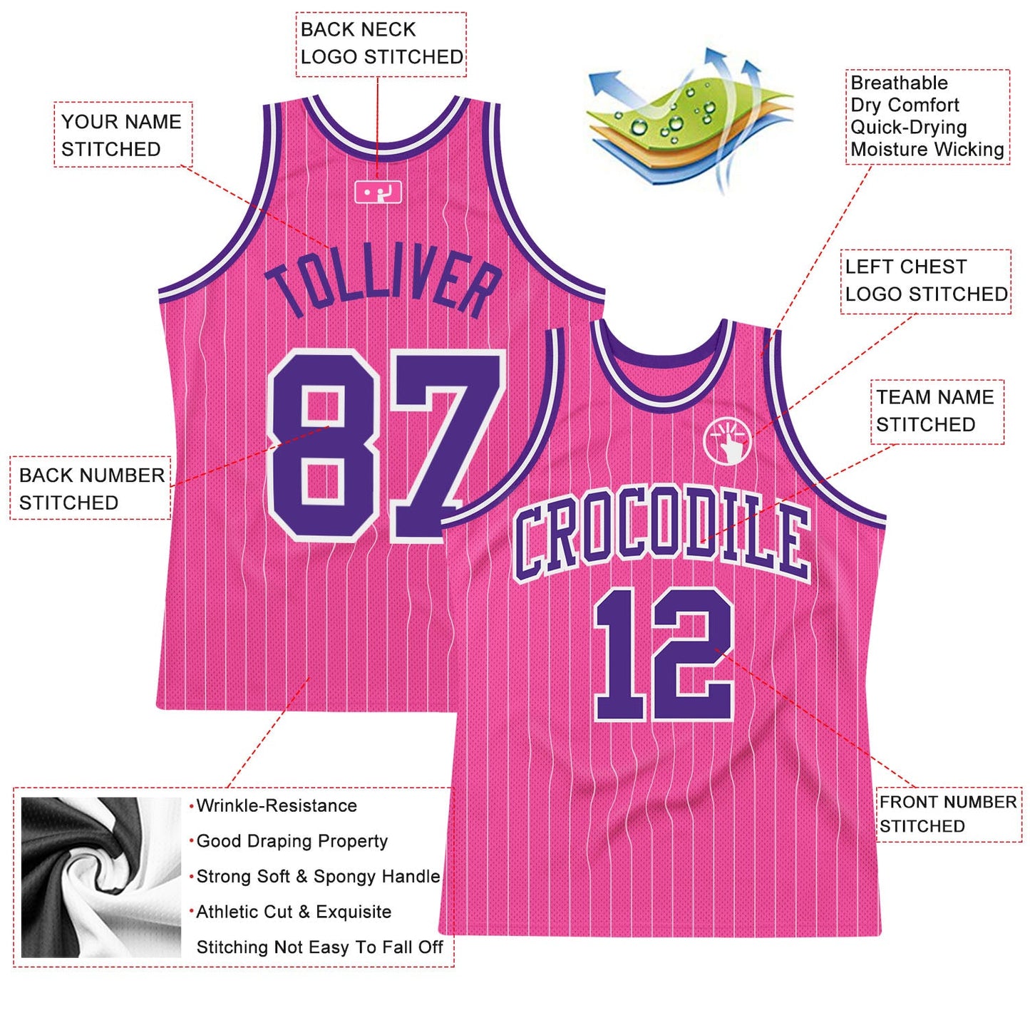 Custom Pink White Pinstripe Purple-White Authentic Basketball Jersey view 2