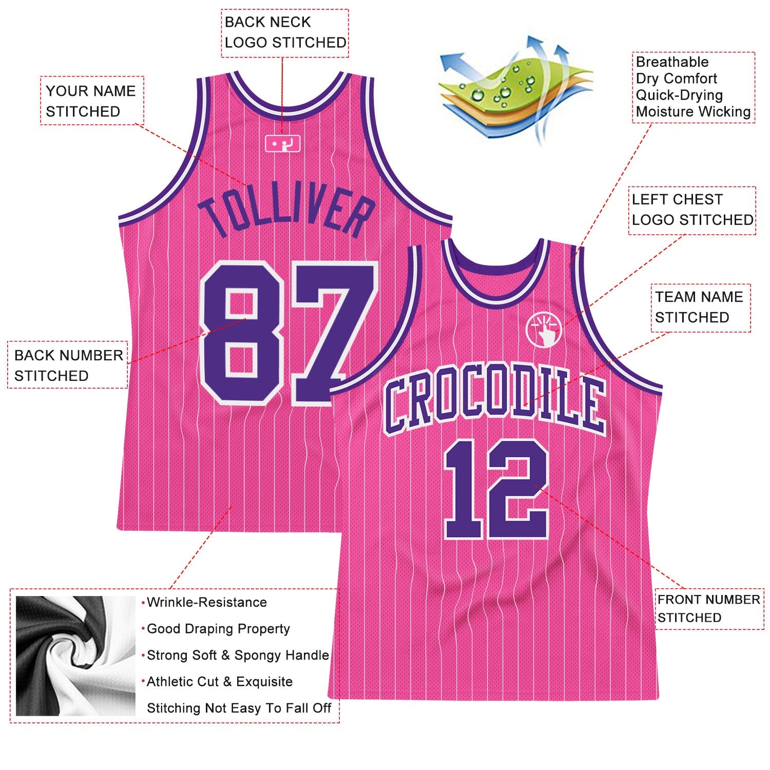 Custom Pink White Pinstripe Purple-White Authentic Basketball Jersey view 2