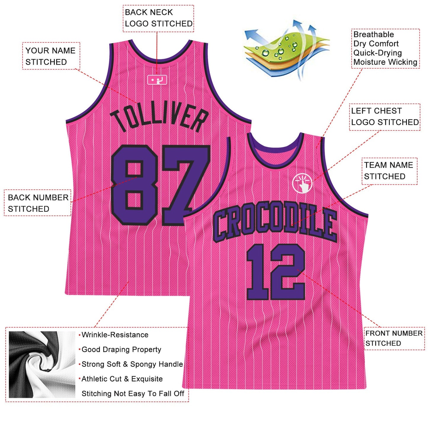 Custom Pink White Pinstripe Purple-Black Authentic Basketball Jersey view 2