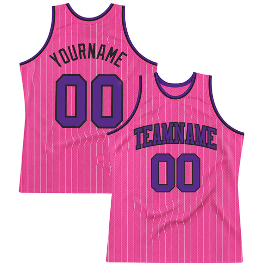 Custom Pink White Pinstripe Purple-Black Authentic Basketball Jersey - Main View