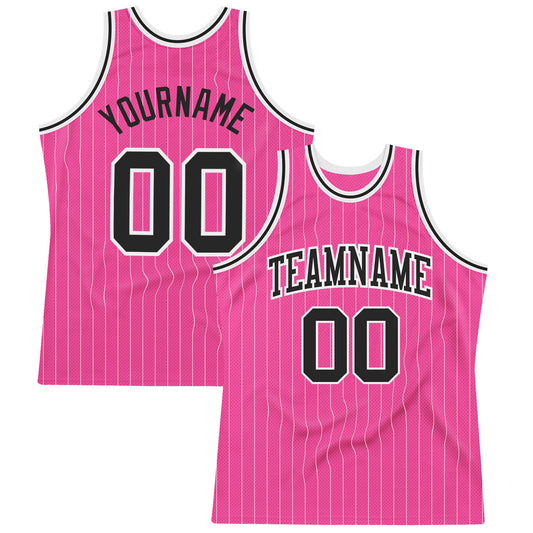 Custom Pink White Pinstripe Black-White Authentic Basketball Jersey - Main View