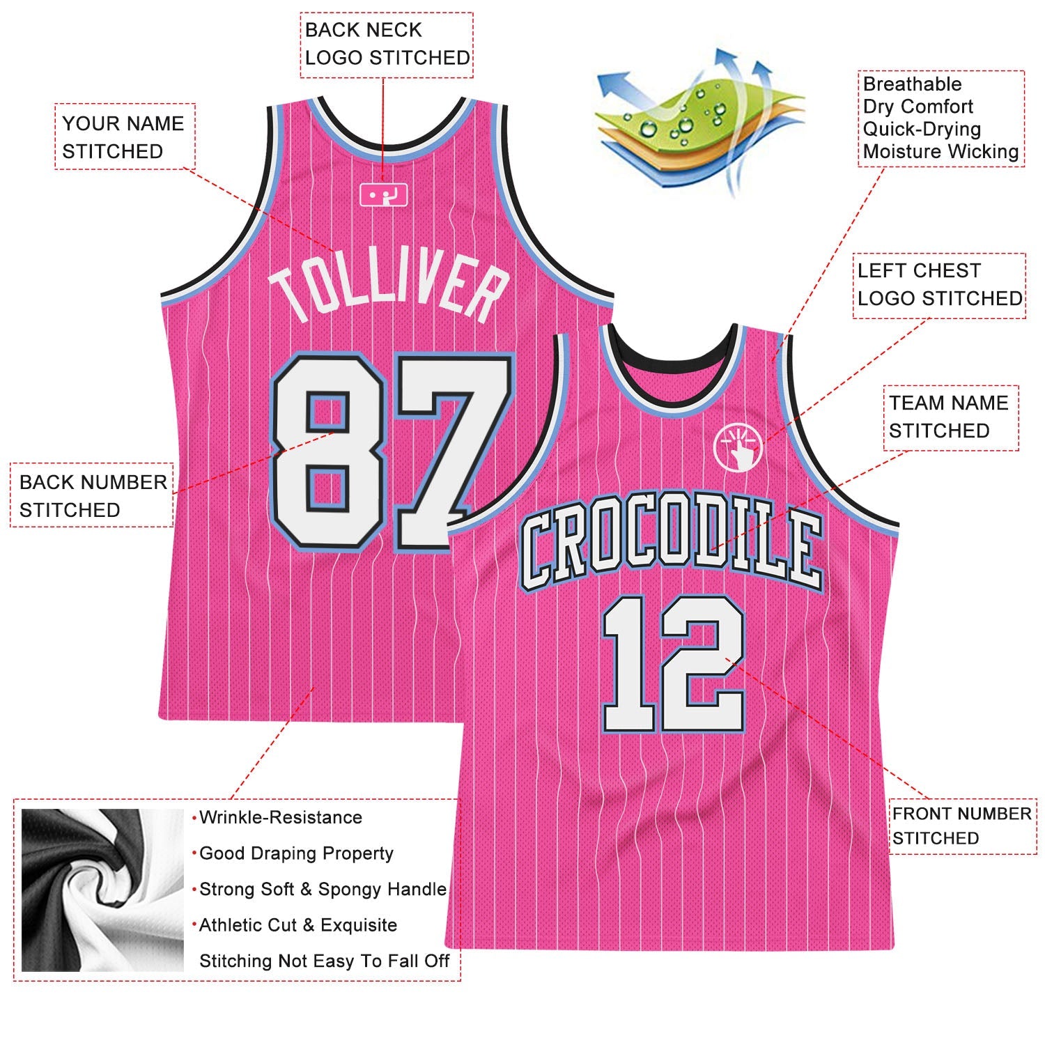 Custom Pink White Pinstripe White Black-Light Blue Authentic Basketball Jersey view 2