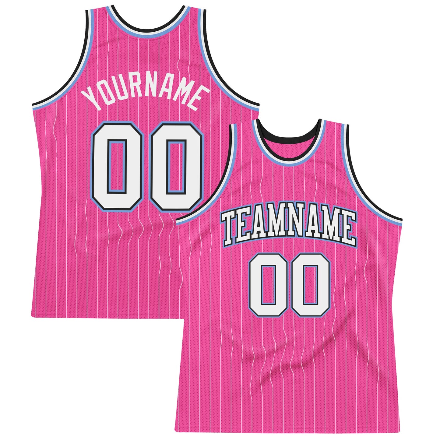 Custom Pink White Pinstripe White Black-Light Blue Authentic Basketball Jersey - Main View