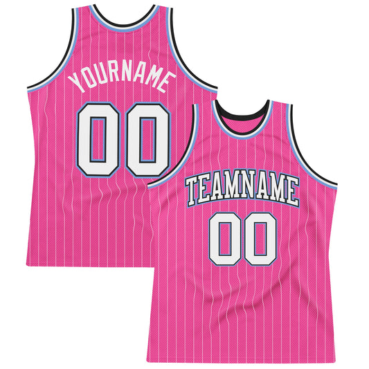 Custom Pink White Pinstripe White Black-Light Blue Authentic Basketball Jersey - Main View