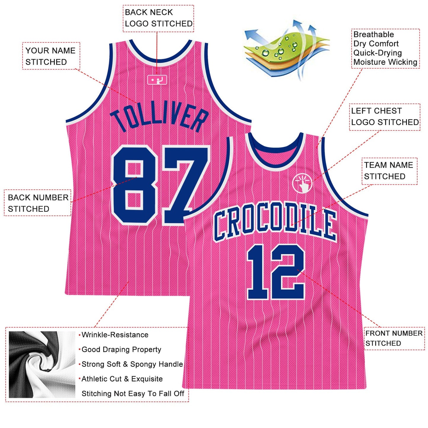 Custom Pink White Pinstripe Royal-White Authentic Basketball Jersey view 2