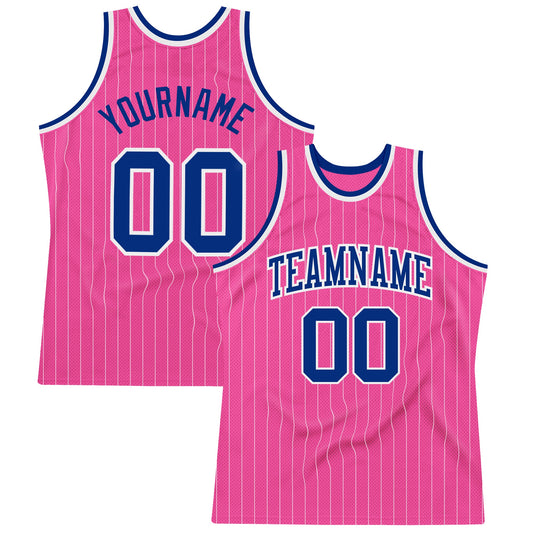 Custom Pink White Pinstripe Royal-White Authentic Basketball Jersey - Main View
