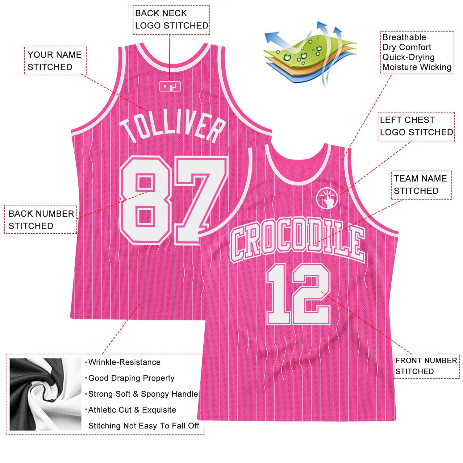 Custom Pink White Pinstripe White-Pink Authentic Basketball Jersey view 2