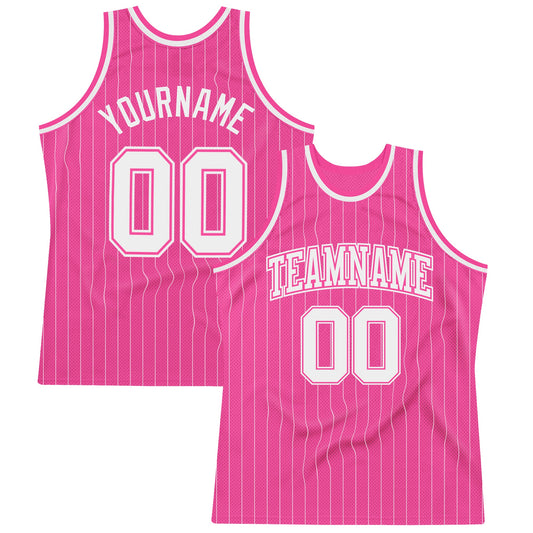 Custom Pink White Pinstripe White-Pink Authentic Basketball Jersey - Main View