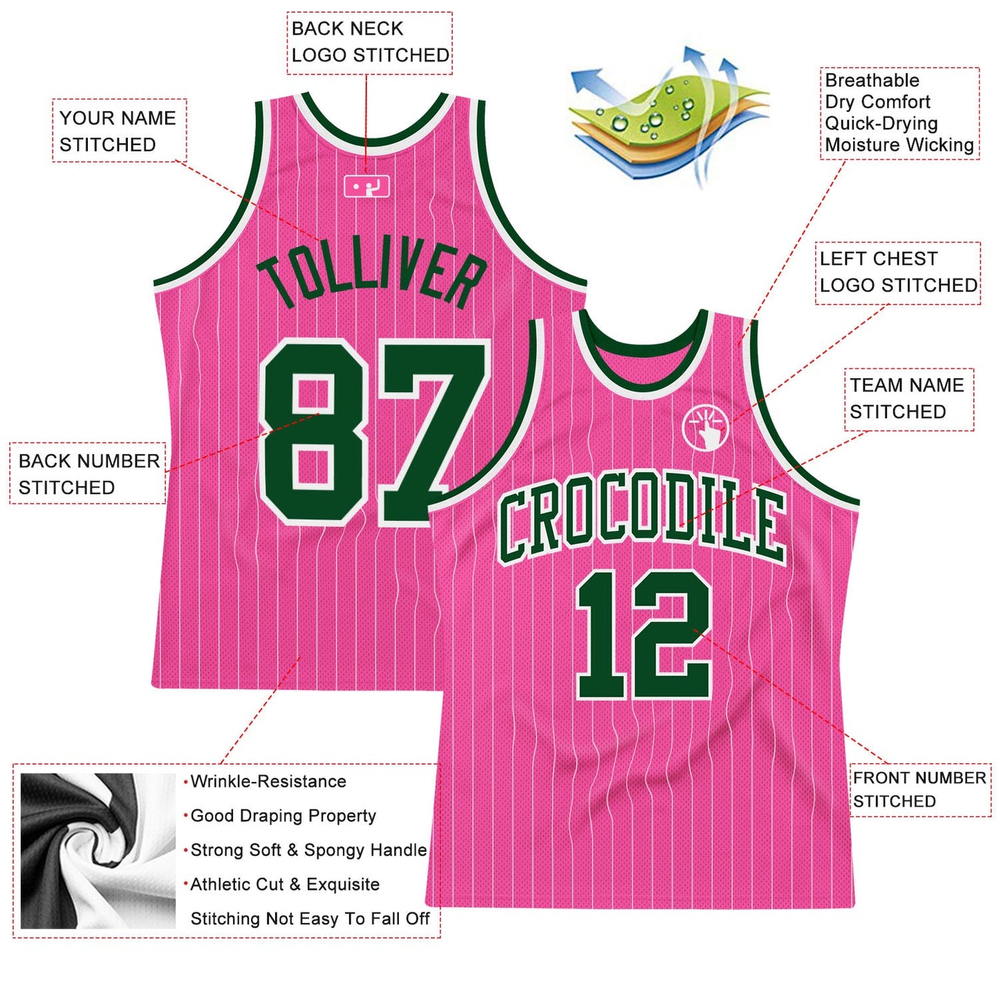 Custom Pink White Pinstripe Green-White Authentic Basketball Jersey view 2