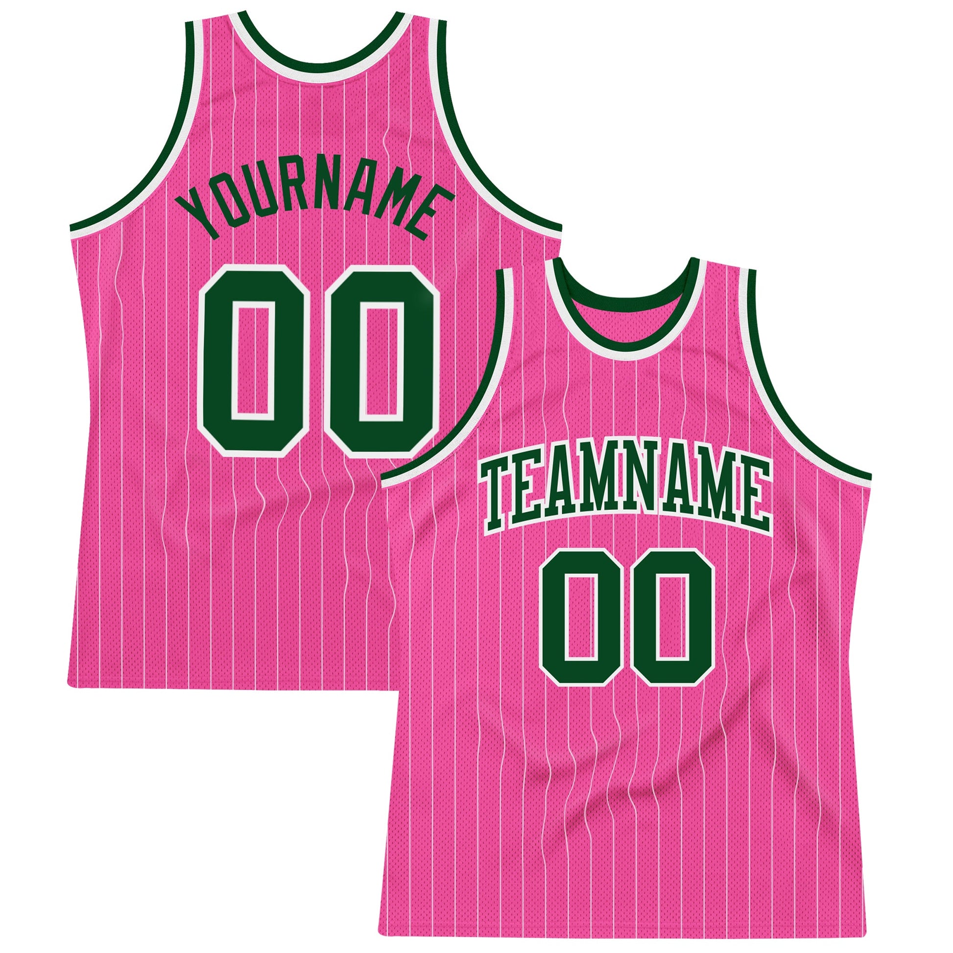 Custom Pink White Pinstripe Green-White Authentic Basketball Jersey - Main View