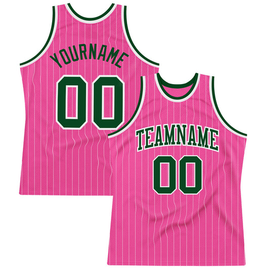 Custom Pink White Pinstripe Green-White Authentic Basketball Jersey - Main View