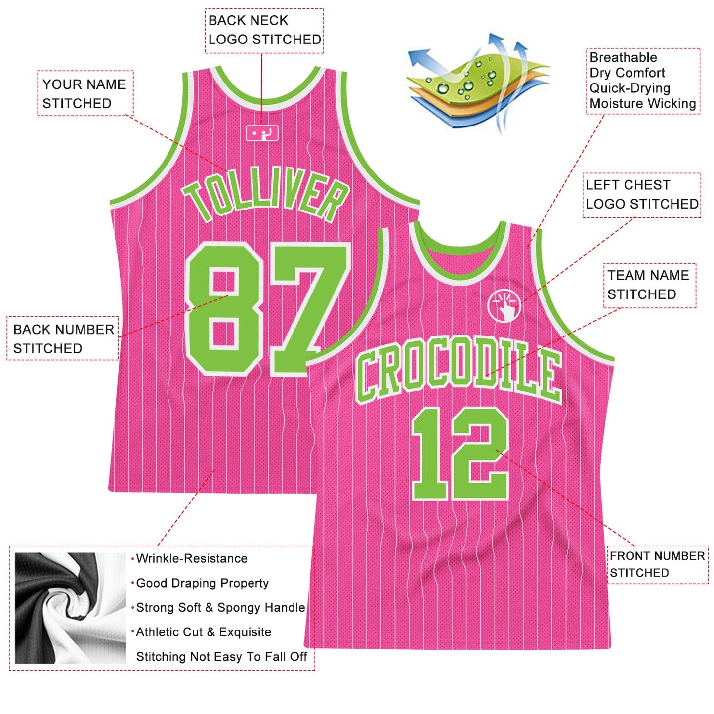 Custom Pink White Pinstripe Neon Green-White Authentic Basketball Jersey view 2
