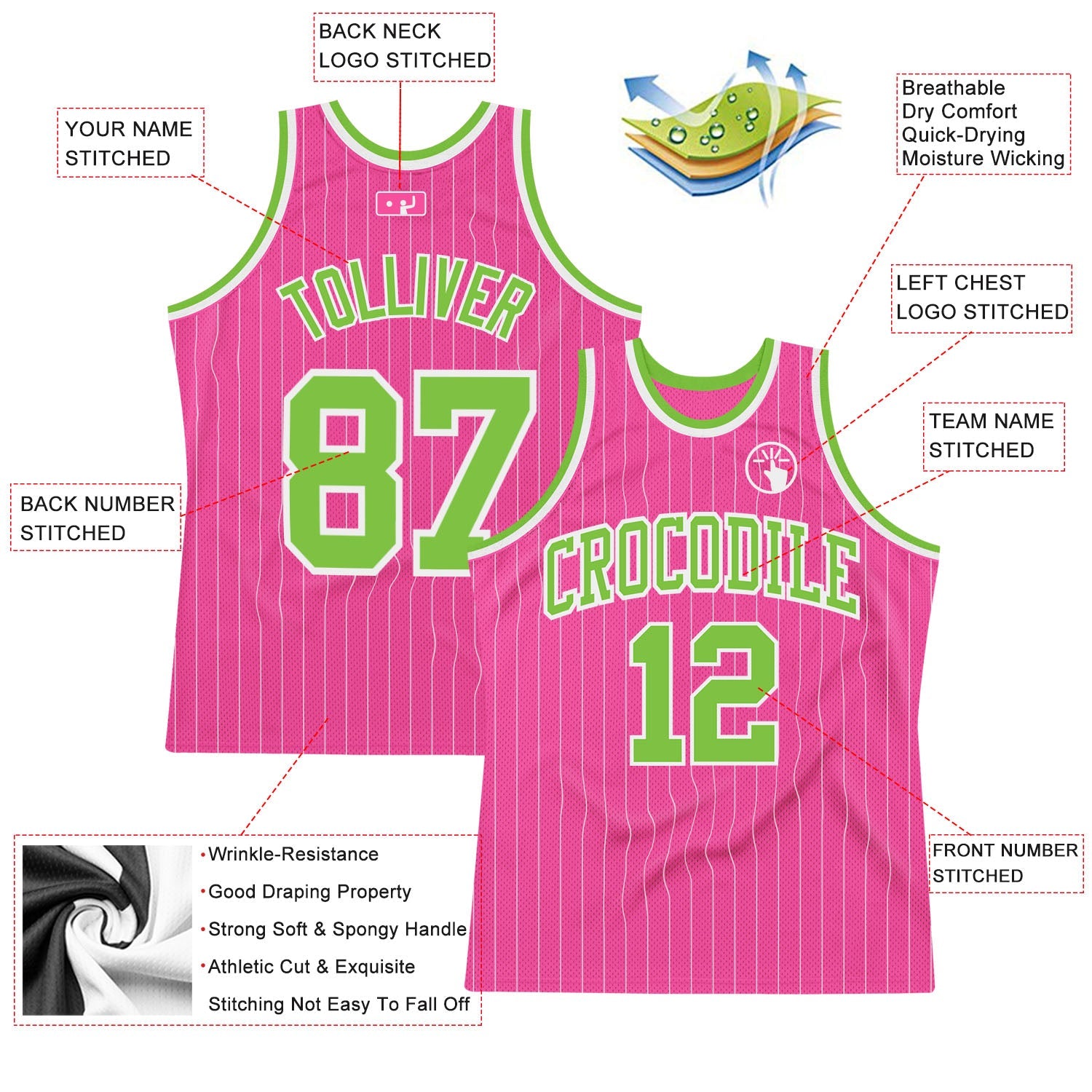 Custom Pink White Pinstripe Neon Green-White Authentic Basketball Jersey view 2