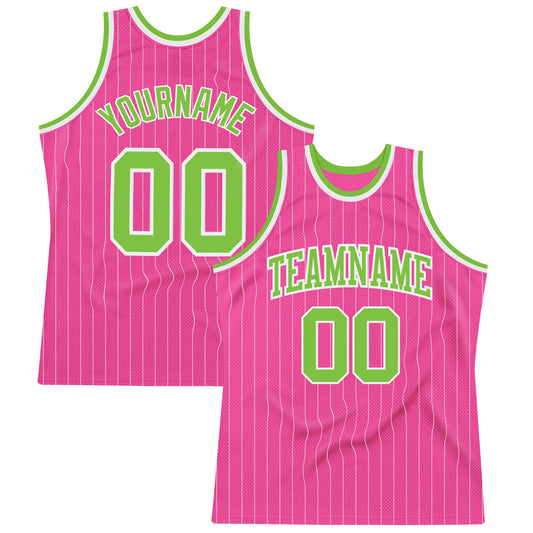 Custom Pink White Pinstripe Neon Green-White Authentic Basketball Jersey - Main View