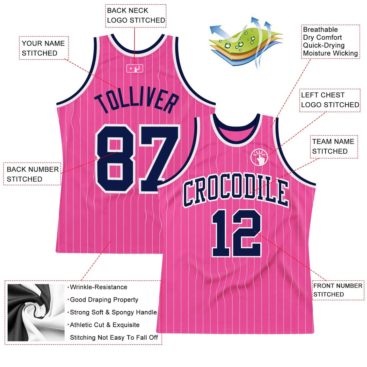 Custom Pink White Pinstripe Navy-White Authentic Basketball Jersey view 2