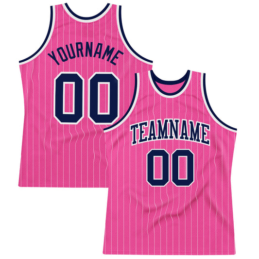 Custom Pink White Pinstripe Navy-White Authentic Basketball Jersey - Main View