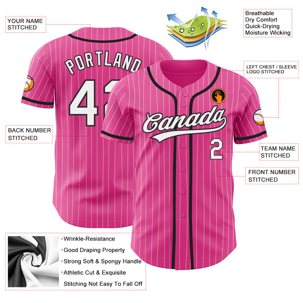 Custom Pink White Pinstripe White-Black Authentic Baseball Jersey view 3