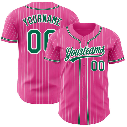 Custom Pink White Pinstripe Kelly Green Authentic Baseball Jersey - Main View