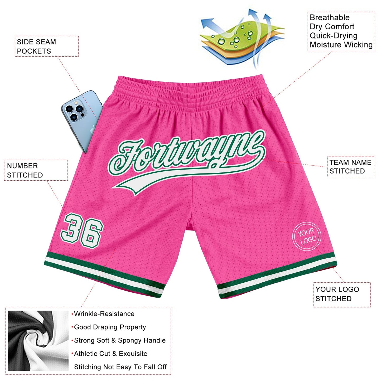 Custom Pink White-Kelly Green Authentic Throwback Basketball Shorts view 2