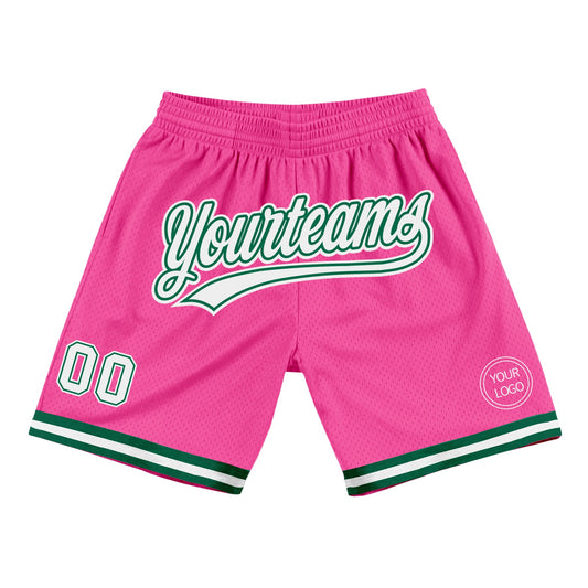 Custom Pink White-Kelly Green Authentic Throwback Basketball Shorts - Main View
