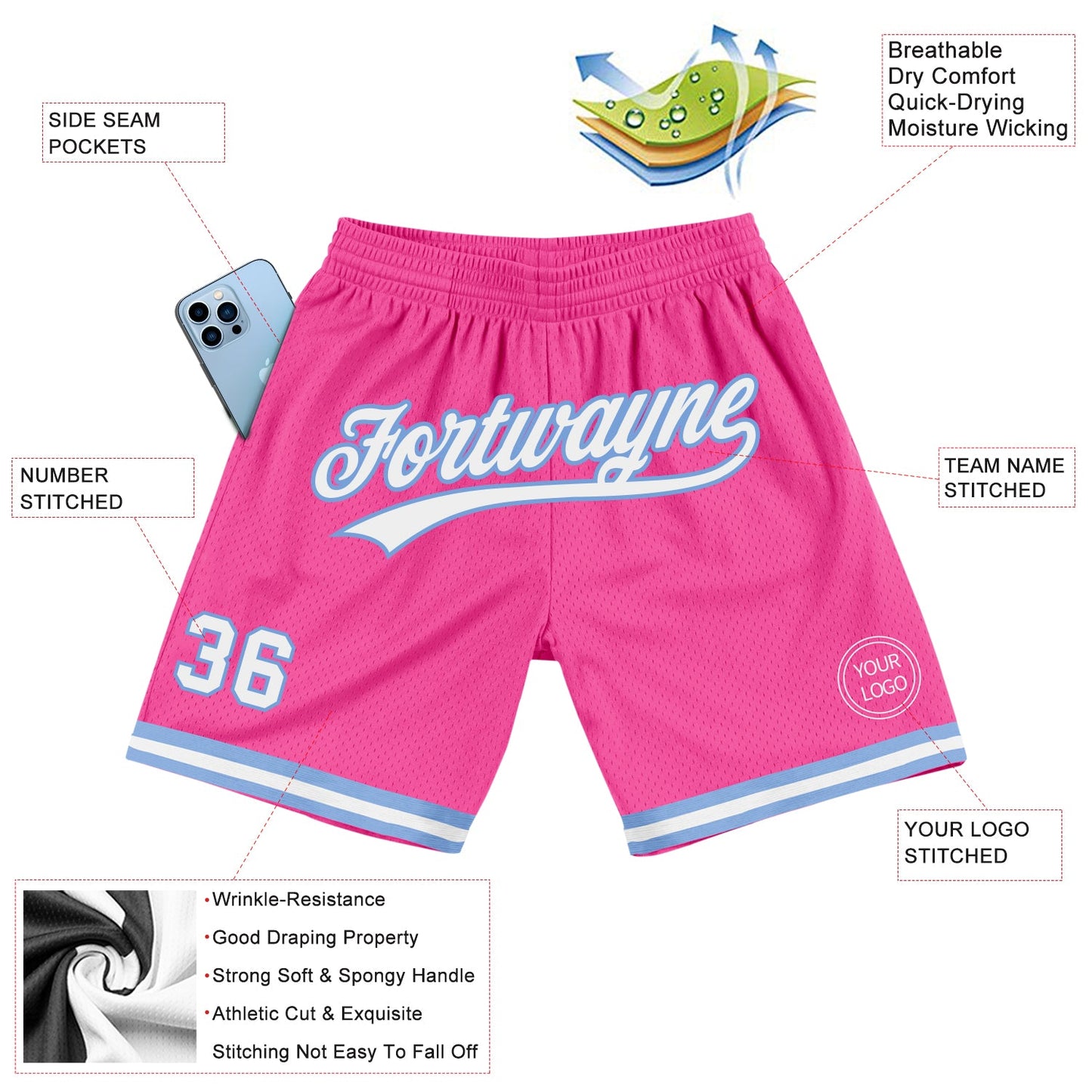 Custom Pink White-Light Blue Authentic Throwback Basketball Shorts view 2