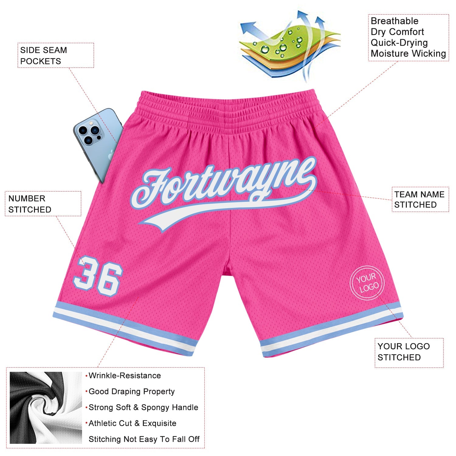 Custom Pink White-Light Blue Authentic Throwback Basketball Shorts view 2