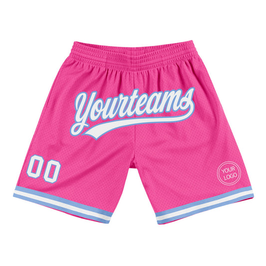 Custom Pink White-Light Blue Authentic Throwback Basketball Shorts - Main View