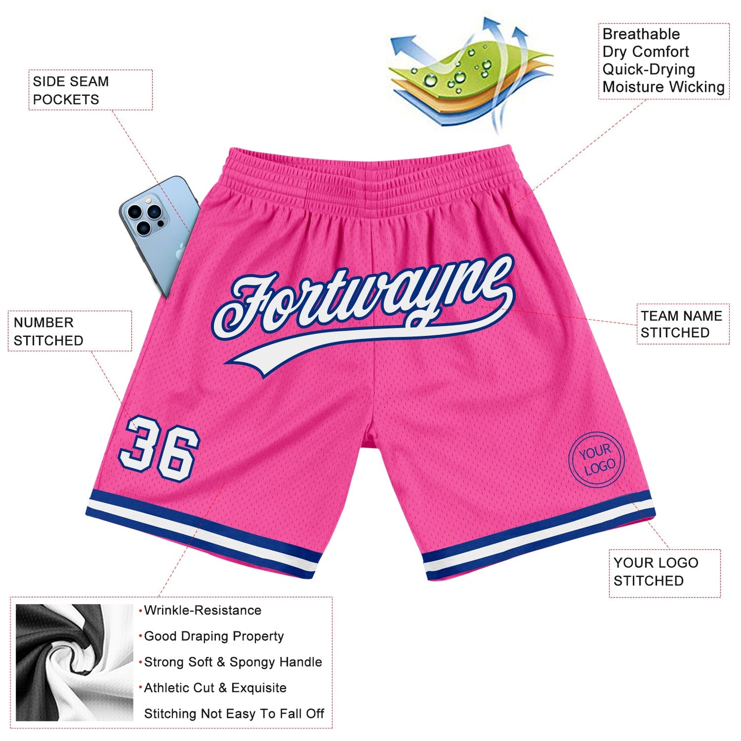 Custom Pink White-Royal Authentic Throwback Basketball Shorts view 2