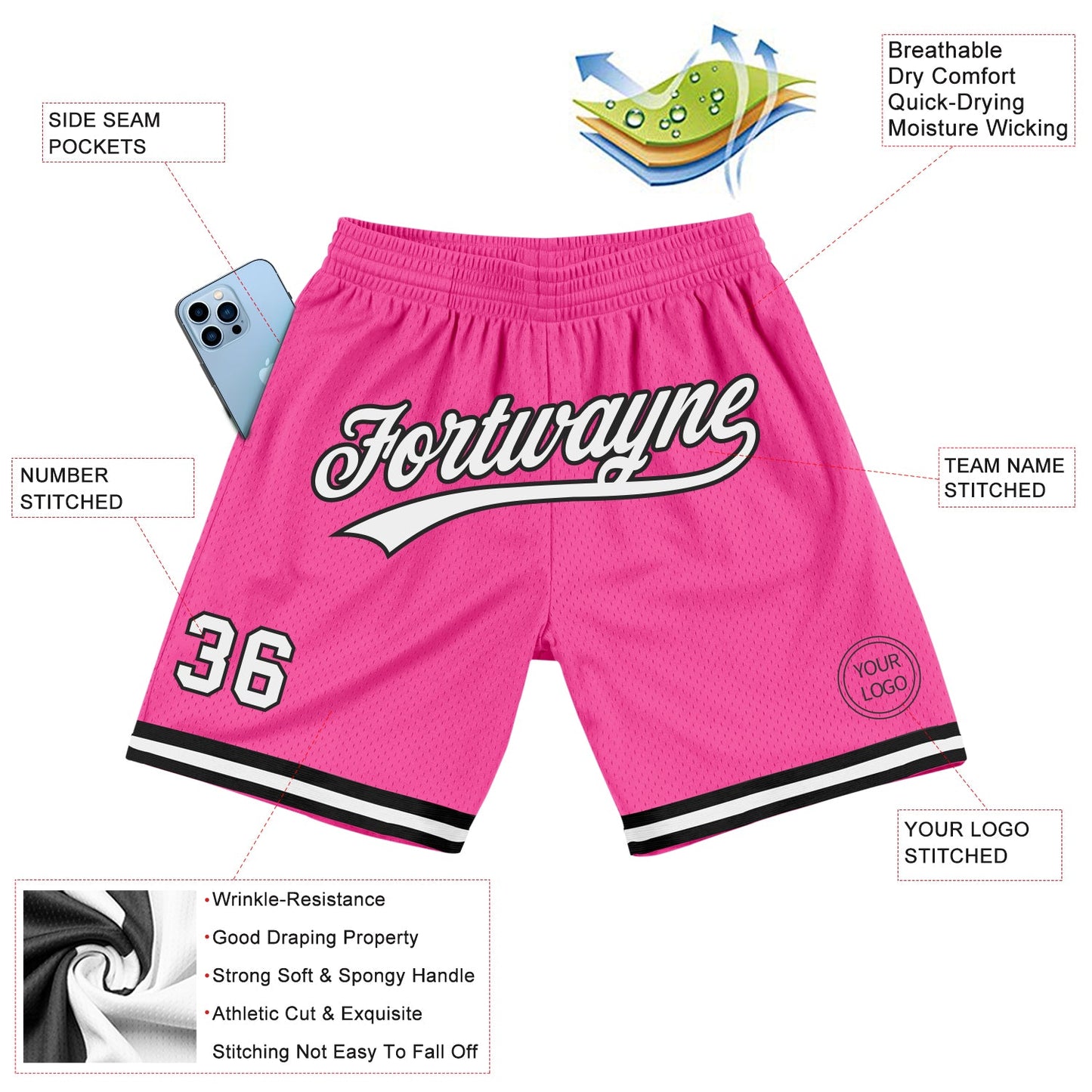 Custom Pink White-Black Authentic Throwback Basketball Shorts view 2